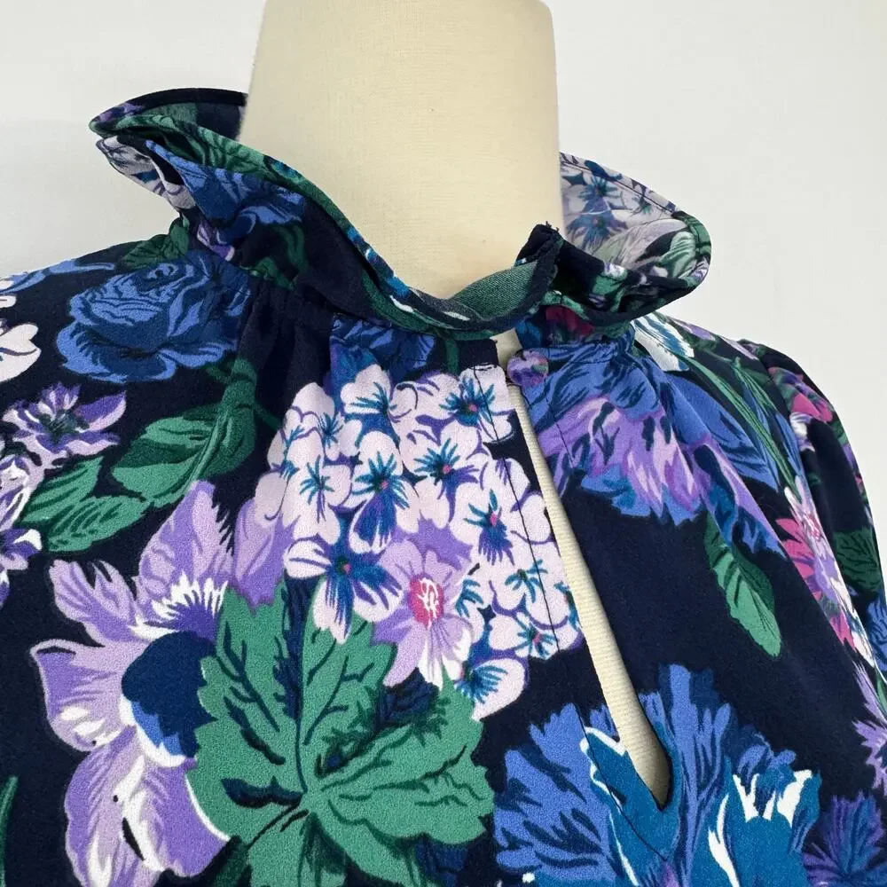 J. Crew Ruffle Neck Long Sleeve Crepe Top Blouse in Blue Floral | XS